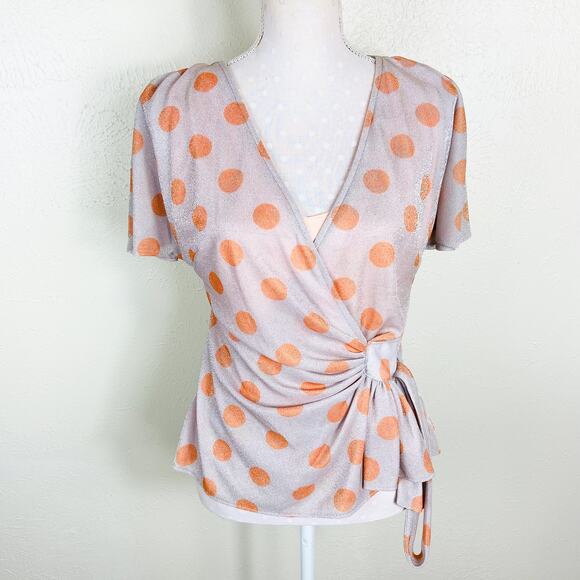 Anthropologie Eva Franco Sweetwater Wrap Top Size S Metallic Silver Polka Dot - Picture 2 of 14